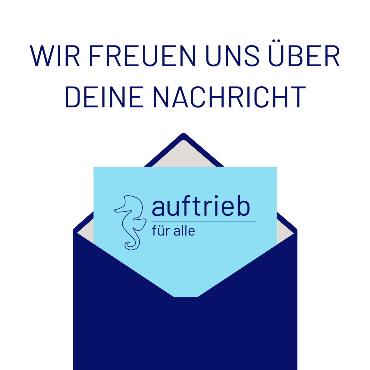 Briefumschlag mit Postkarte und Aufschrift "Wir freuen uns über Deine Nachricht"